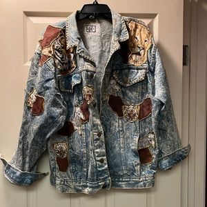Just Brass Inc women’s jeans jacket with suede, fabric and rhinestones tigers